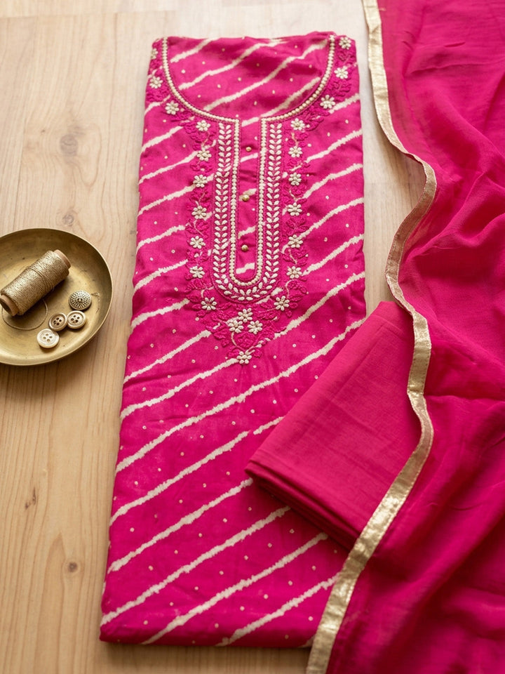 Embroidered Cotton Blend Unstitched Suit With Pant &amp; Dupatta