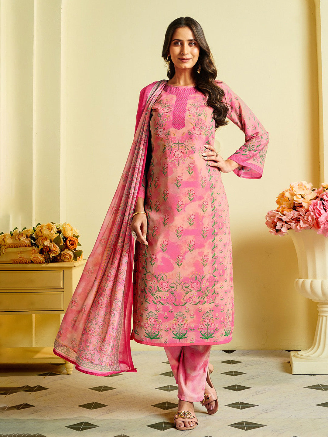 Printed Crepe Unstitched Suit With Pant &amp; Dupatta