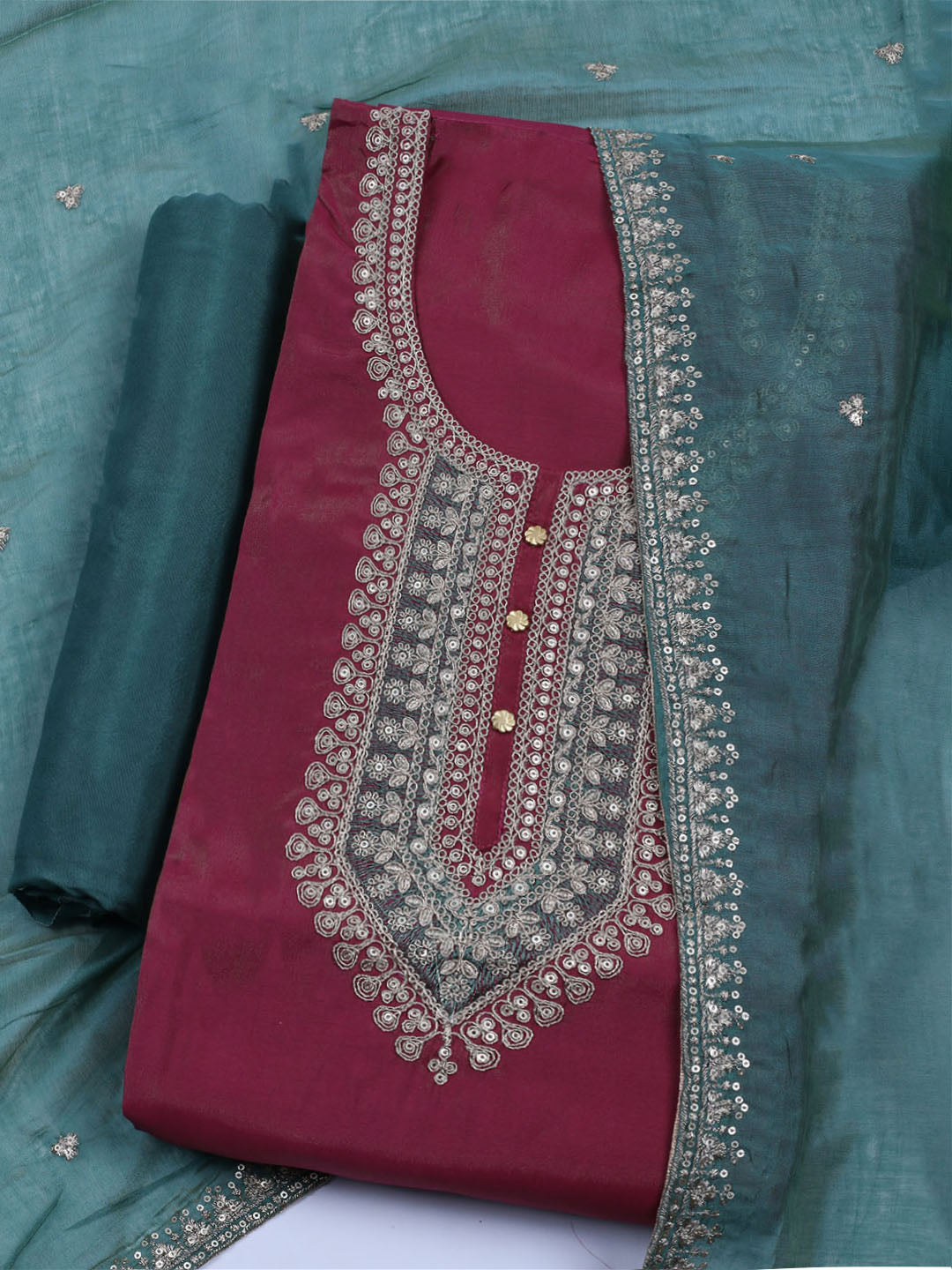 Neck Embroidered Chanderi Unstitched Suit With Dupatta
