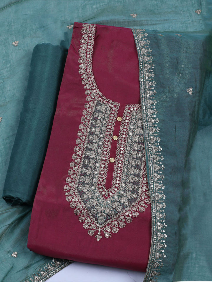 Neck Embroidered Chanderi Unstitched Suit With Dupatta