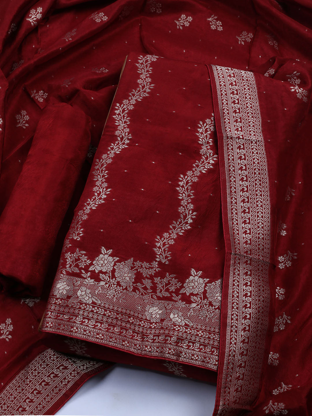 Embroidered Art Silk Unstitched Suit With Dupatta