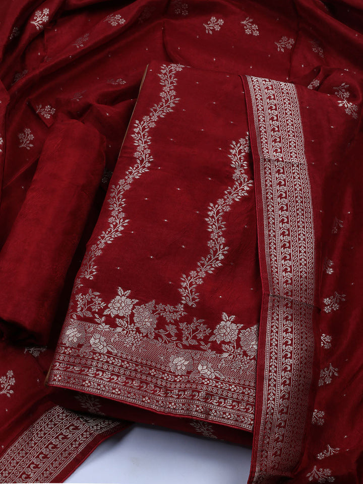 Embroidered Art Silk Unstitched Suit With Dupatta