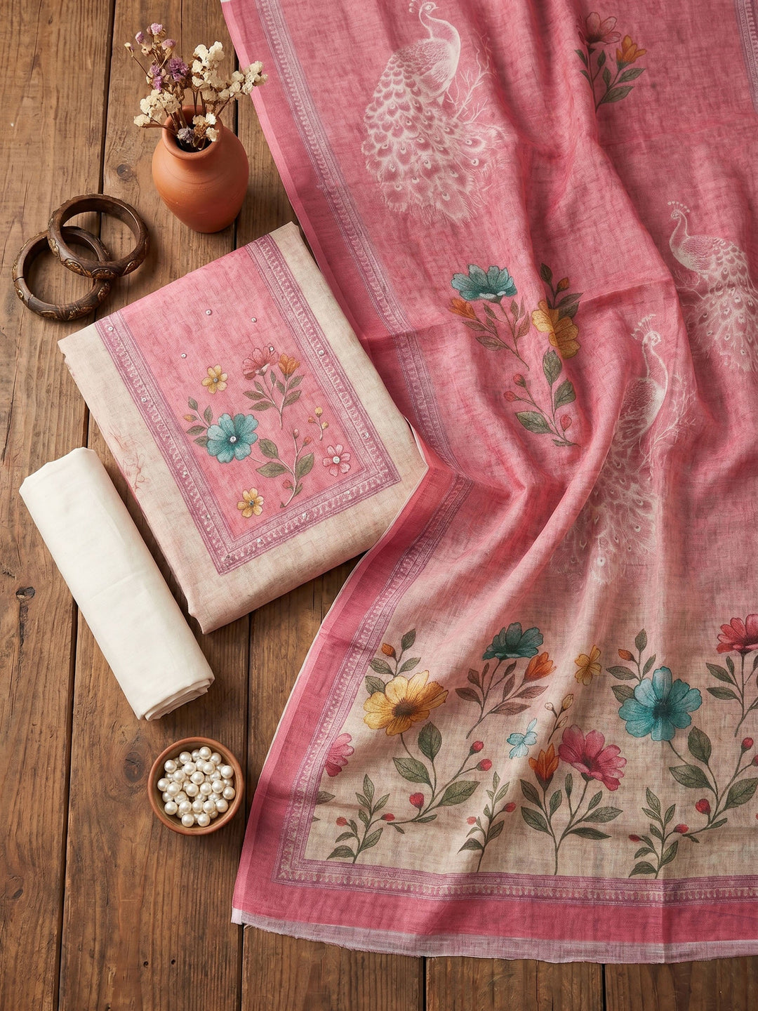Printed Linen Unstitched Suit With Dupatta