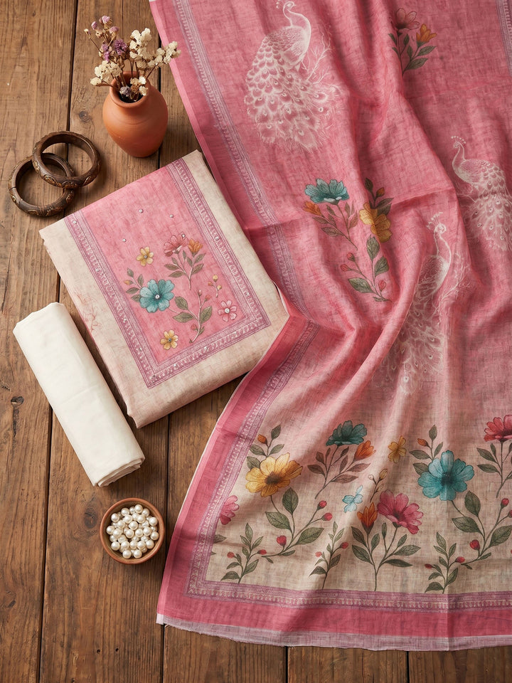 Printed Linen Unstitched Suit With Dupatta