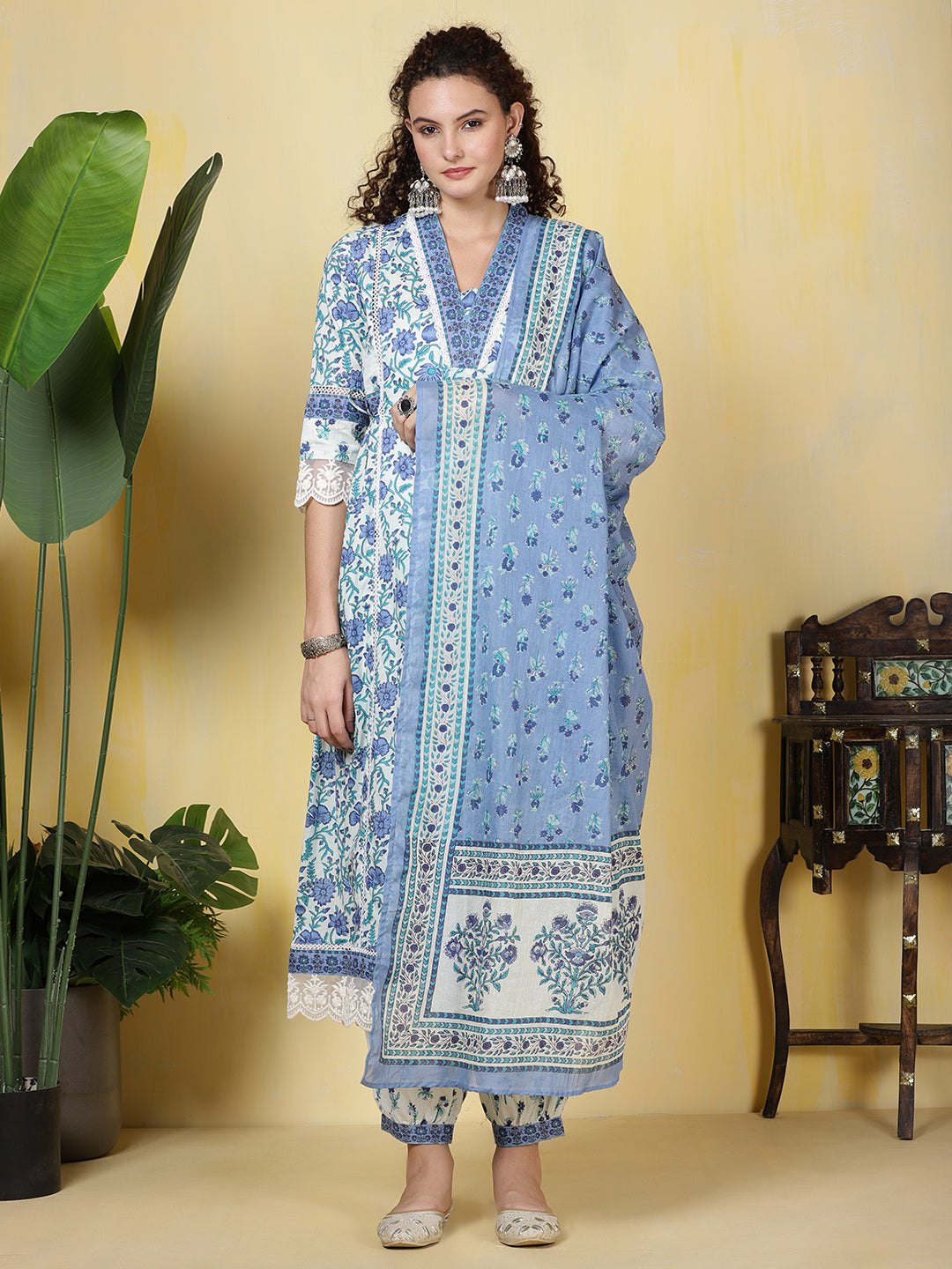 Printed Cotton Blend Kurta With Pants & Dupatta