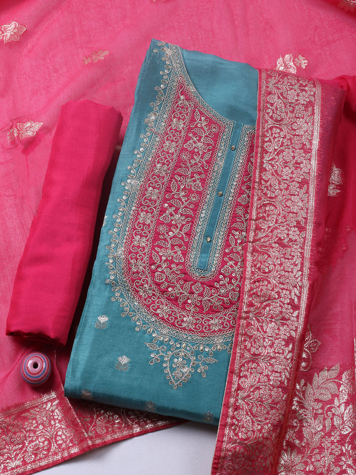 Embroidered Chanderi Unstitched Suit With Pant &amp; Dupatta