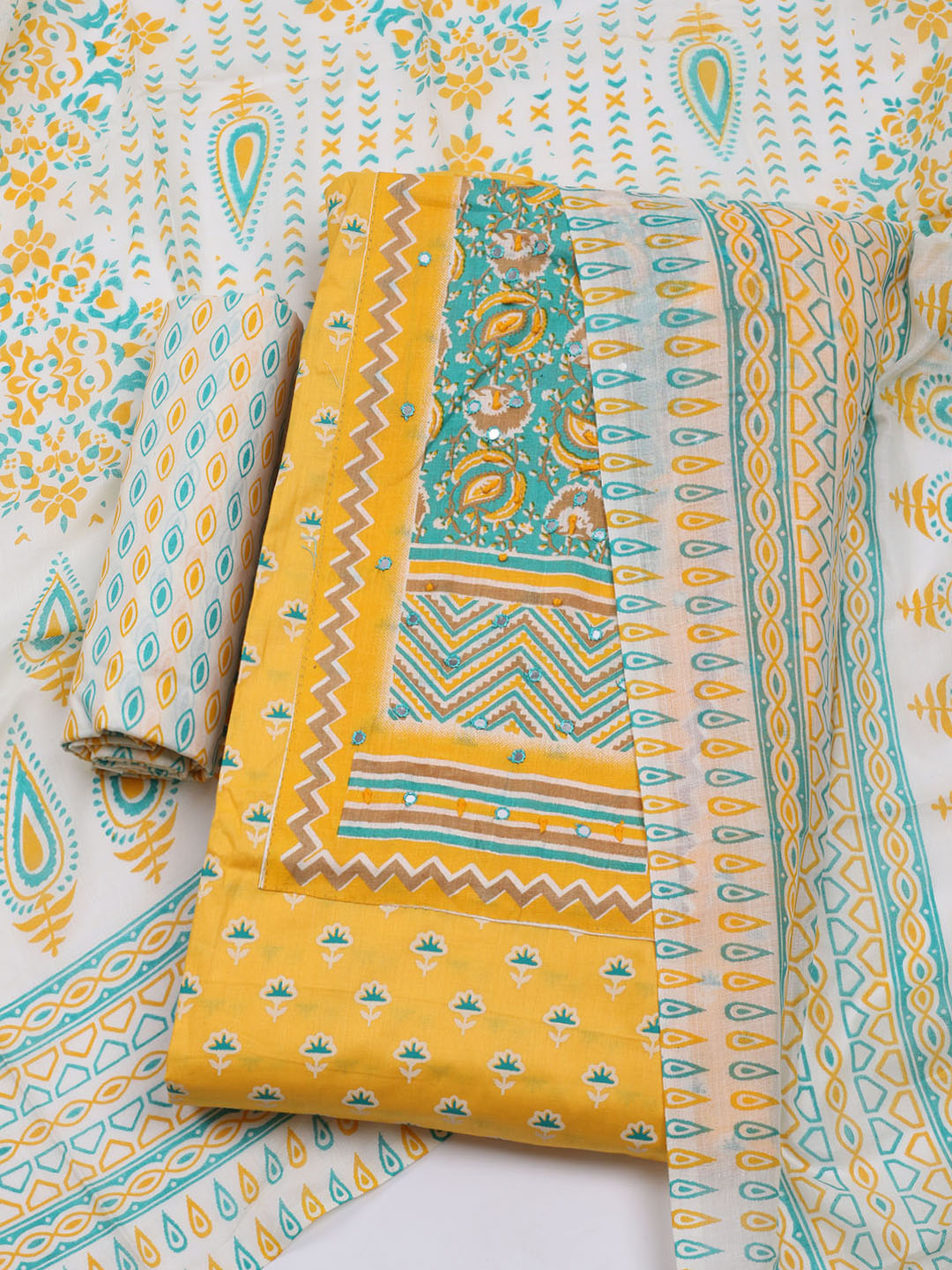 Printed Cotton Blend Unstitched Suit With Dupatta
