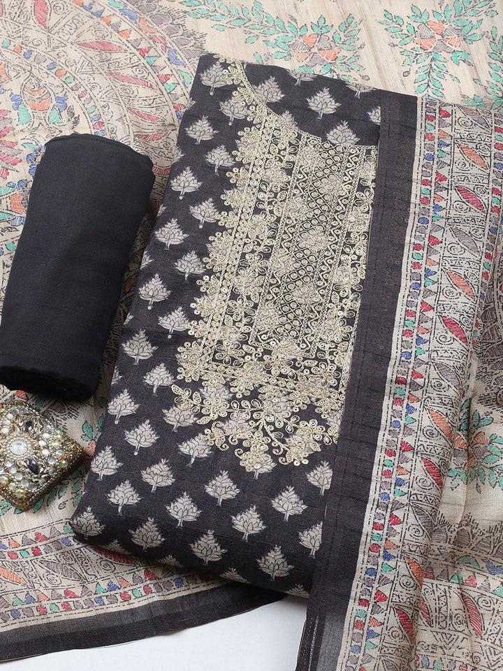 Embroidered Cotton Blend Unstitched Suit With Pant &amp; Dupatta