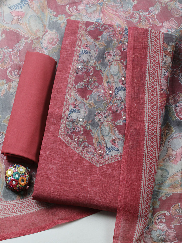 Embroidered Linen Blend Unstitched Suit With Pant &amp; Dupatta