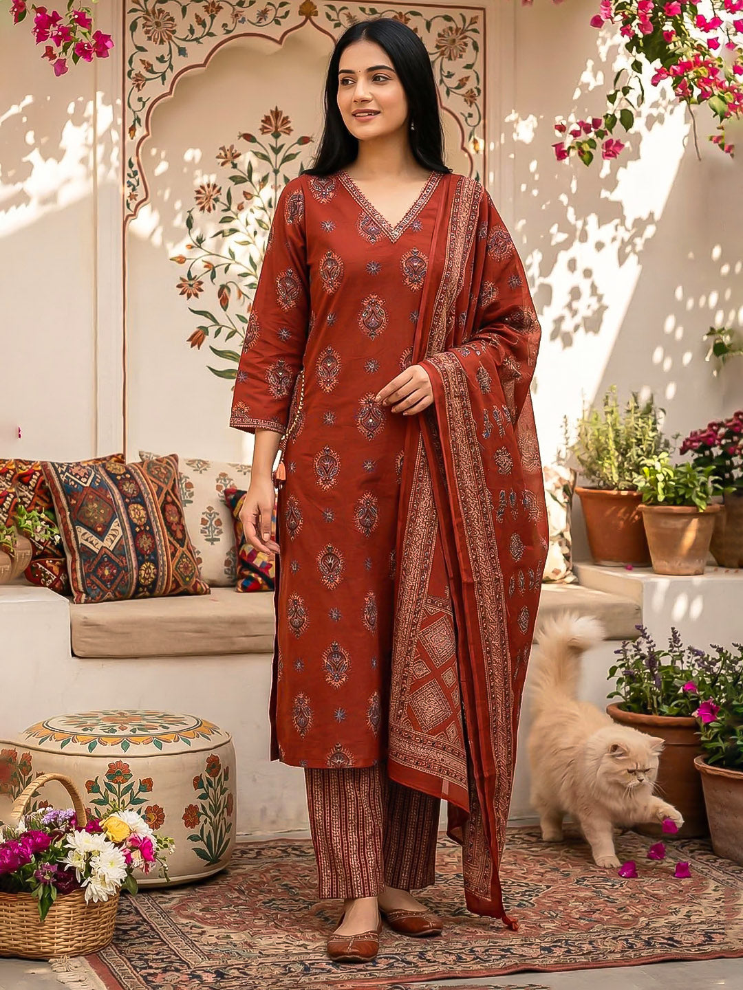 Printed Cotton Blend Kurta With Pant &amp; Dupatta