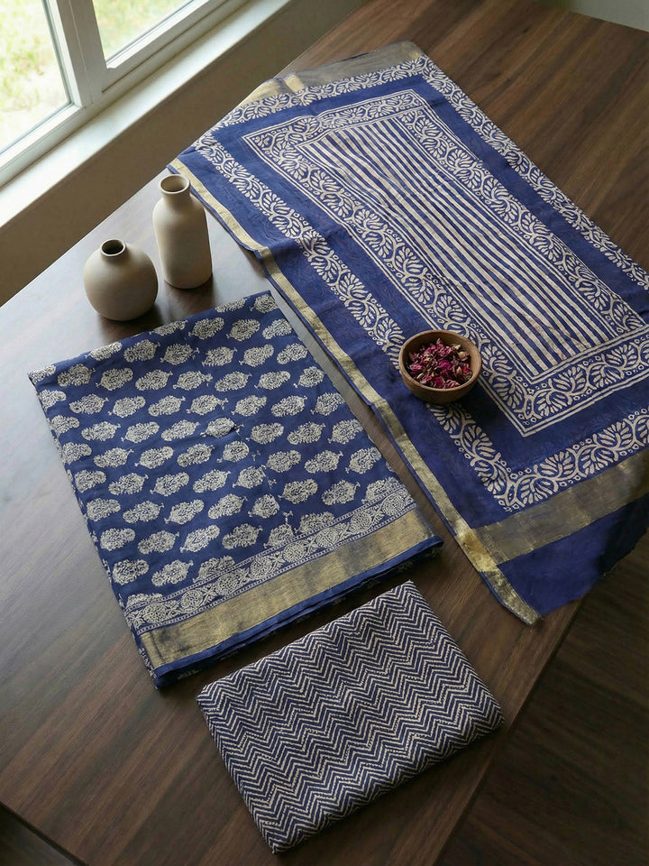 Printed Cotton Blend Unstitched Suit With Pant &amp; Dupatta