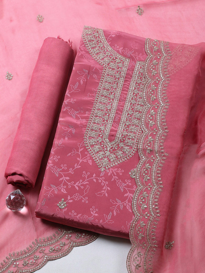 Embroidered Chanderi Unstitched Suit With Pant &amp; Dupatta