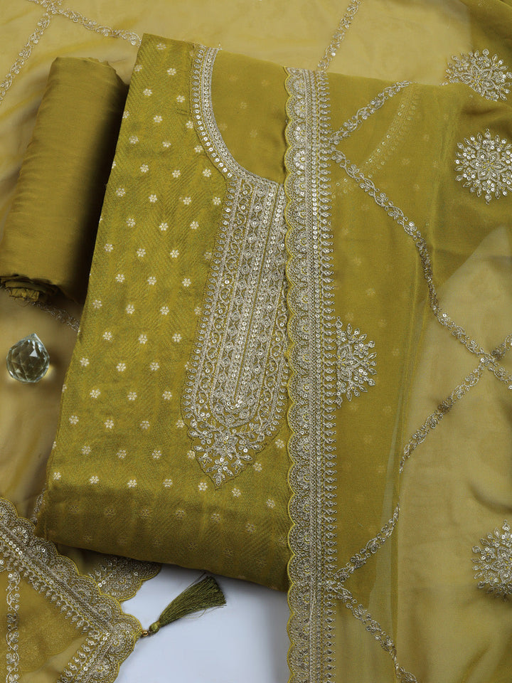Embroidered Art Silk Unstitched Suit With Pant &amp; Dupatta
