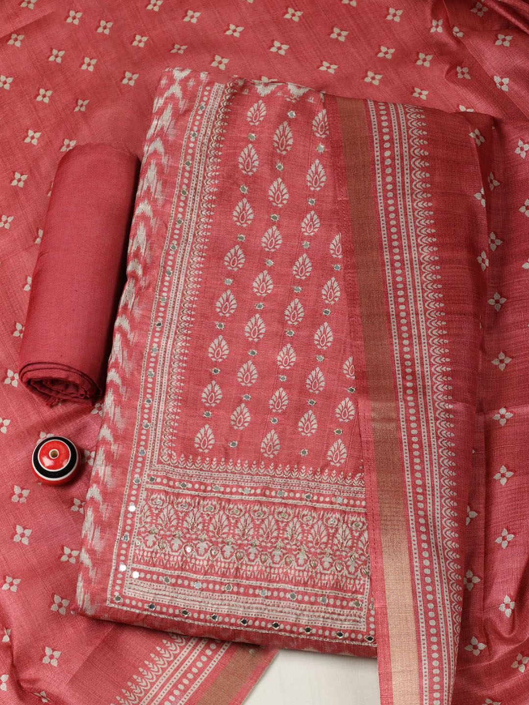 Embroidered Chanderi Unstitched Suit With Pant &amp; Dupatta