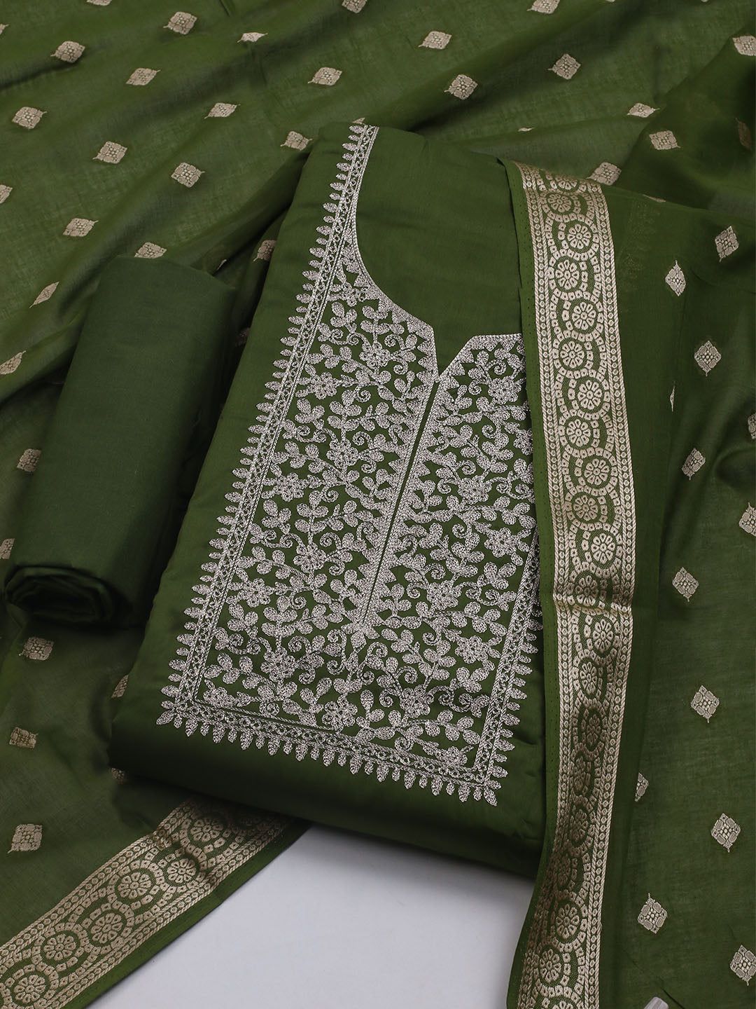 Neck Embroidered Chanderi Unstitched Suit With Dupatta