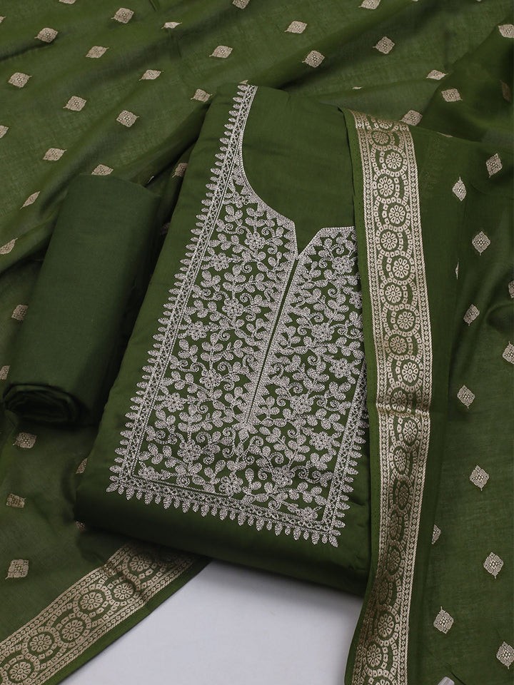 Neck Embroidered Chanderi Unstitched Suit With Dupatta
