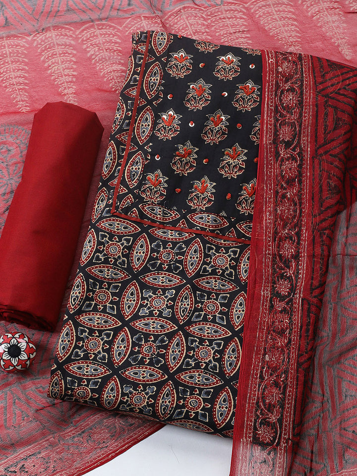 Printed Cotton Blend Unstitched Suit With Pant &amp; Dupatta