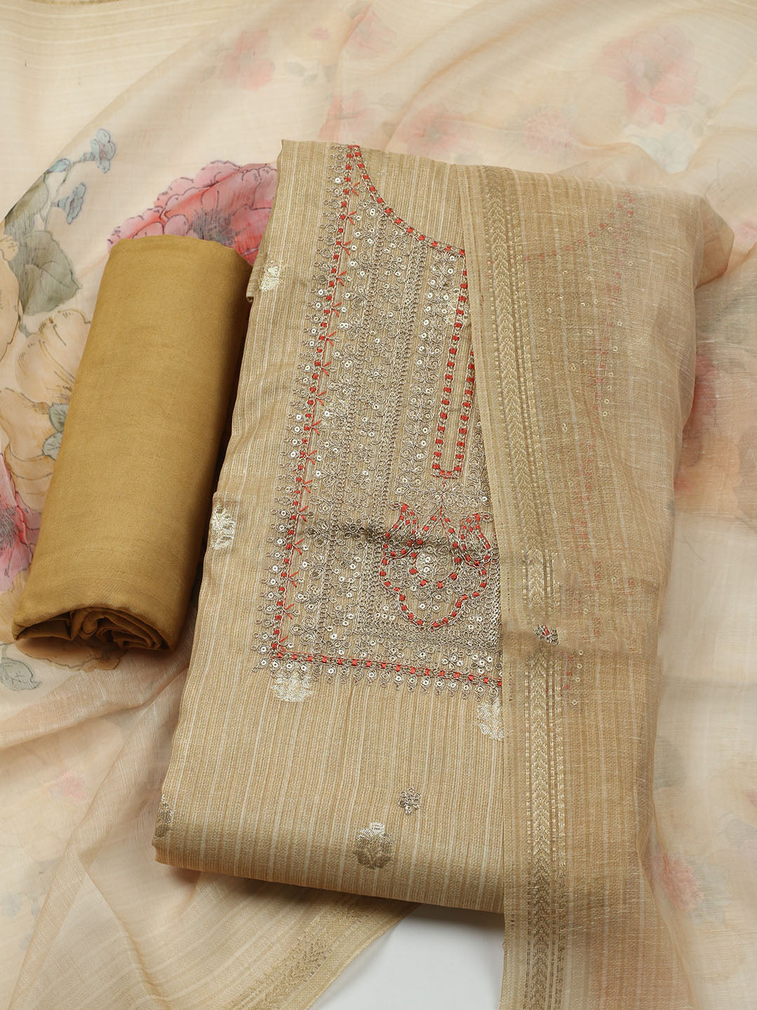 Embroidered Chanderi Unstitched Kurta With Pant & Dupatta