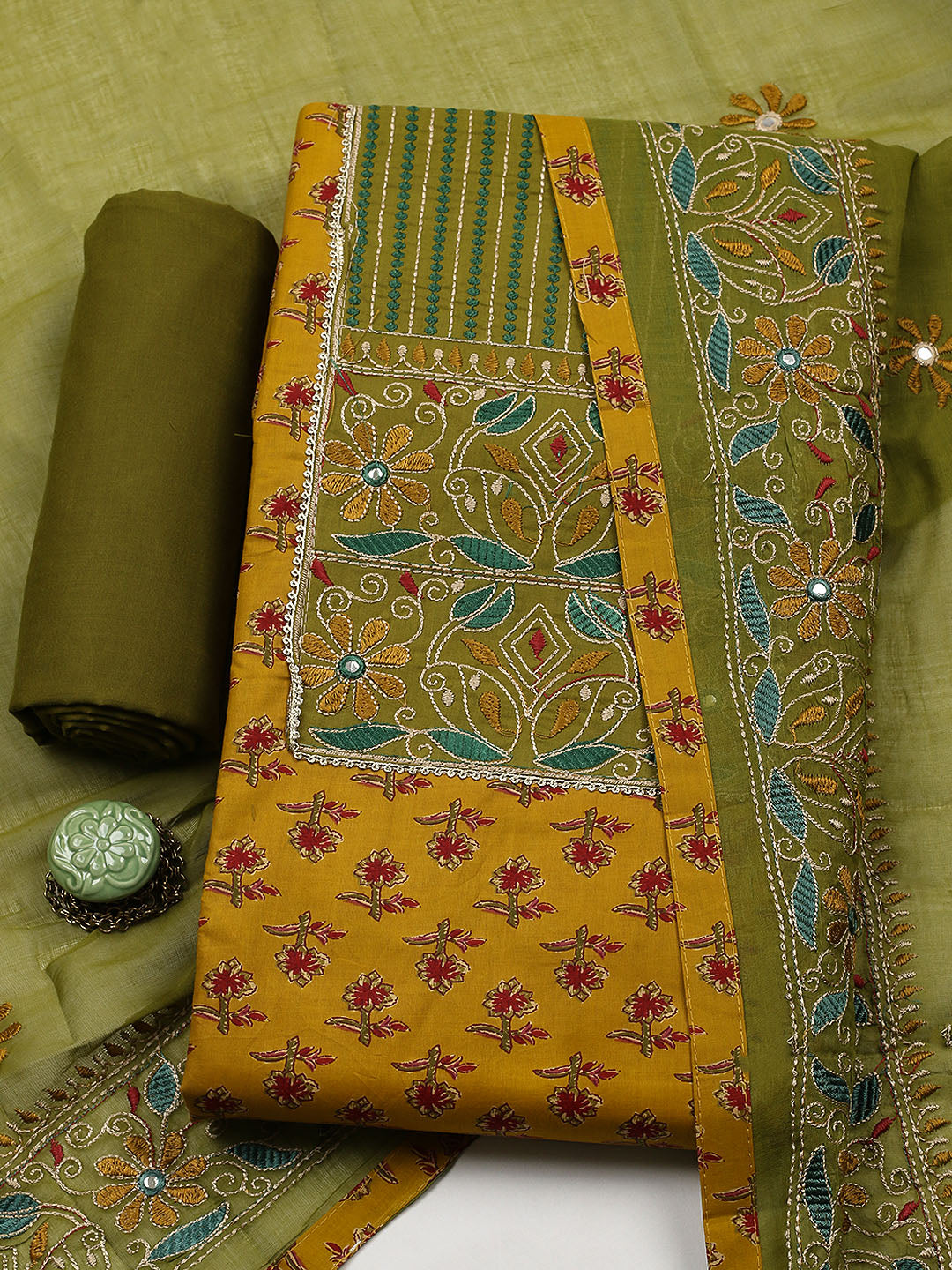 Embroidered Cotton Blend Unstitched Suit With Pant &amp; Dupatta