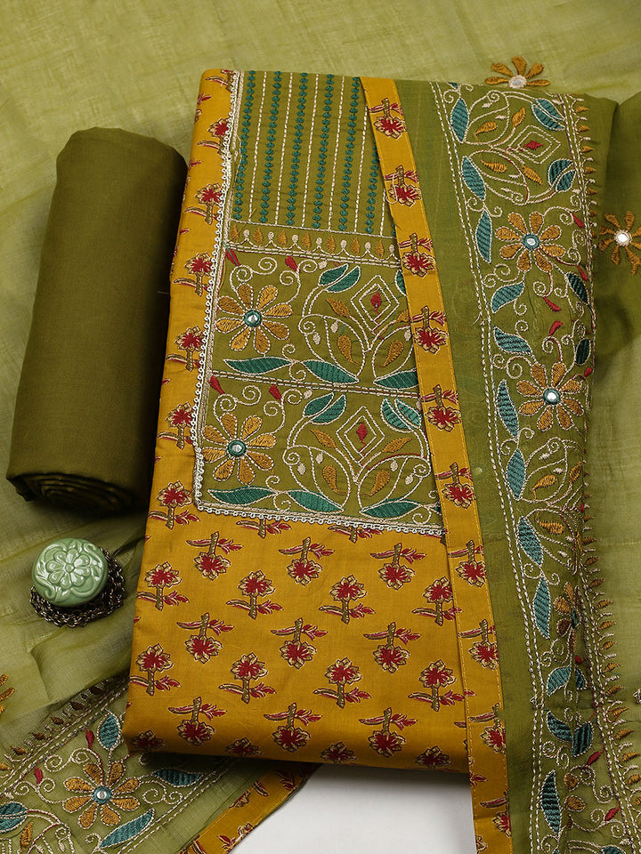 Embroidered Cotton Blend Unstitched Suit With Pant &amp; Dupatta