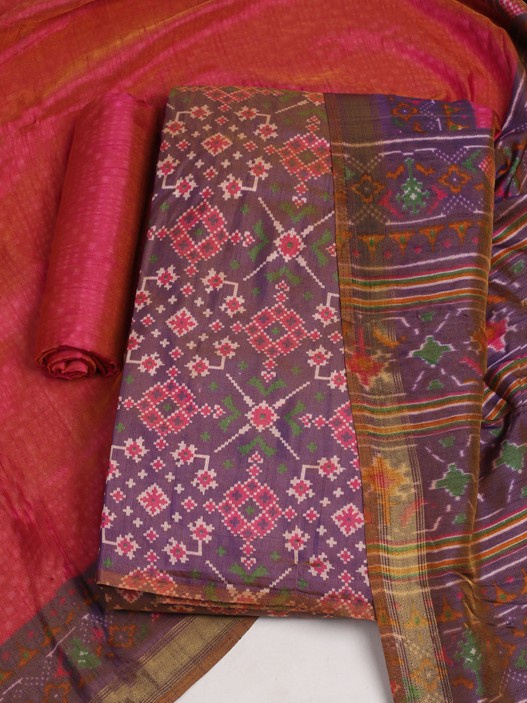 Printed Art Silk Unstitched Kurta With Pant &amp; Dupatta