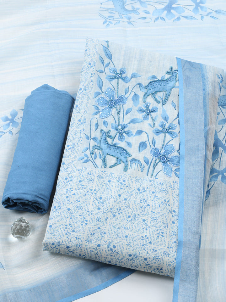 Printed Linen Blend Unstitched Suit With Pant &amp; Dupatta