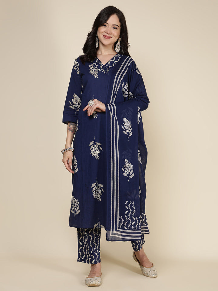 Printed Cotton Blend Kurta With Pants &amp; Dupatta
