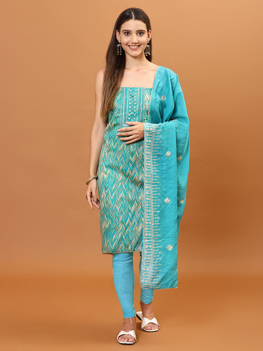 Neck Embroidery & Printed Cotton Unstitched Suit Piece With Dupatta