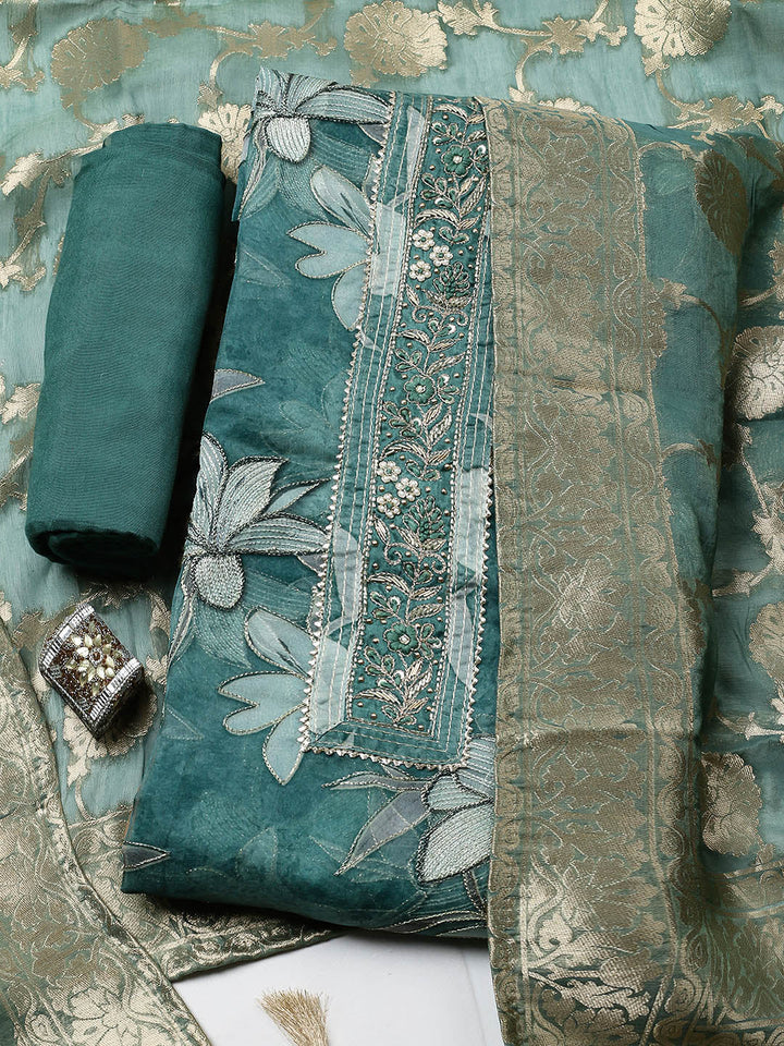 Embroidered Organza Unstitched Suit With Pant &amp; Dupatta