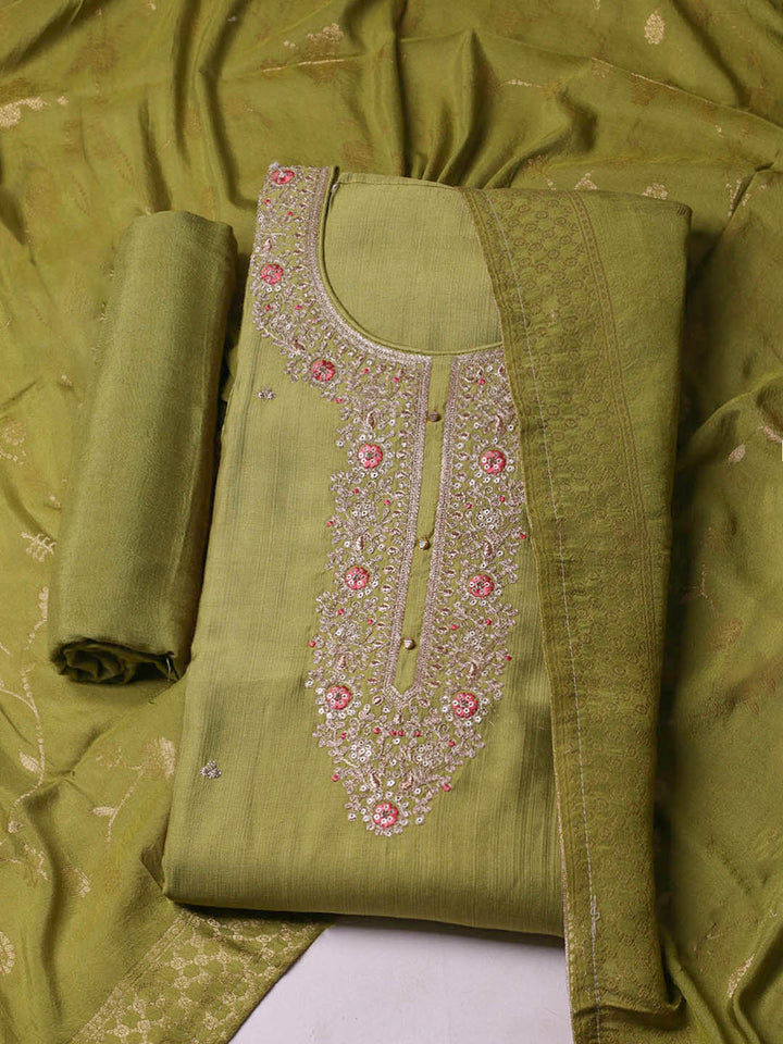 Embroidered Chanderi Unstitched Suit With Pant &amp; Dupatta