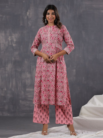 Floral Printed Cotton Blend  Kurta With Pants