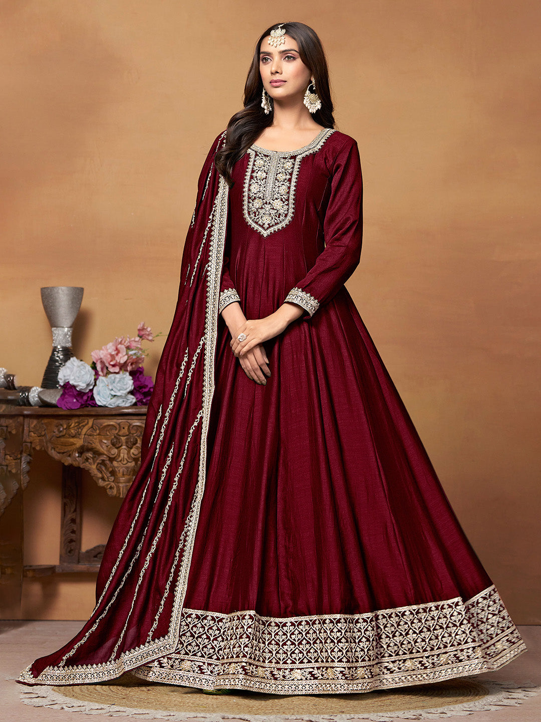 Embroidered Art Silk Semi Stitched Kurta With Salwar &amp; Dupatta