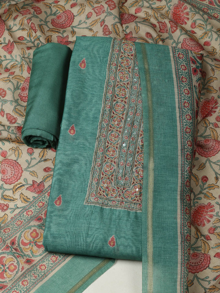 Printed Chanderi Unstitched Suit With Pant &amp; Dupatta
