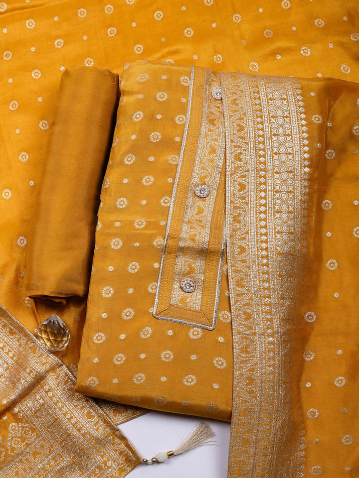 Embroidered Chanderi Unstitched Suit With Pant &amp; Dupatta