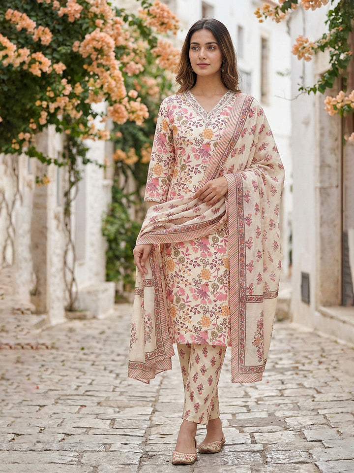 Printed Cotton Blend Suit With Pant &amp; Dupatta