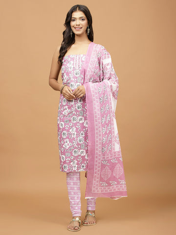 Floral Printed Cotton Blend Unstitched Suit Piece With Dupatta