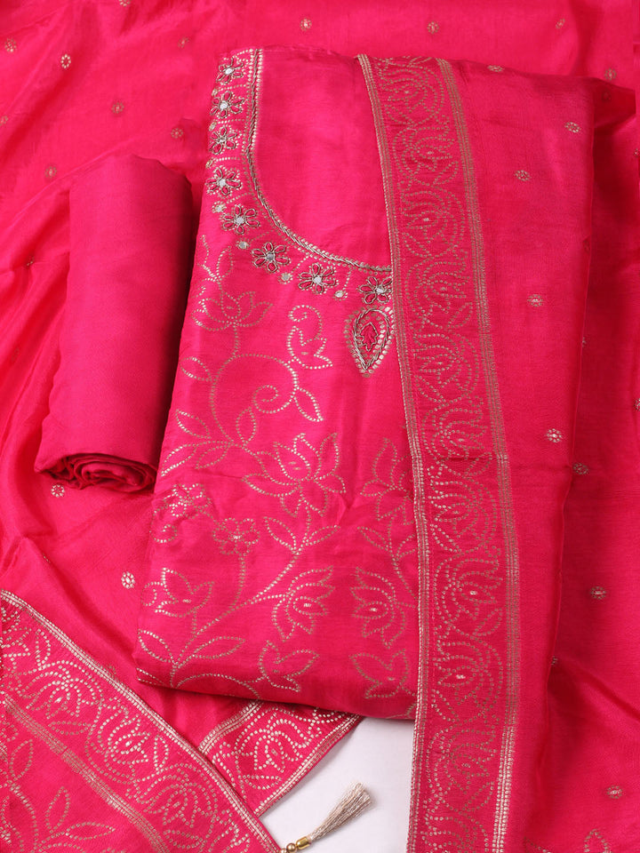 Woven Design Chanderi Unstitched Kurta With Pant &amp; Dupatta