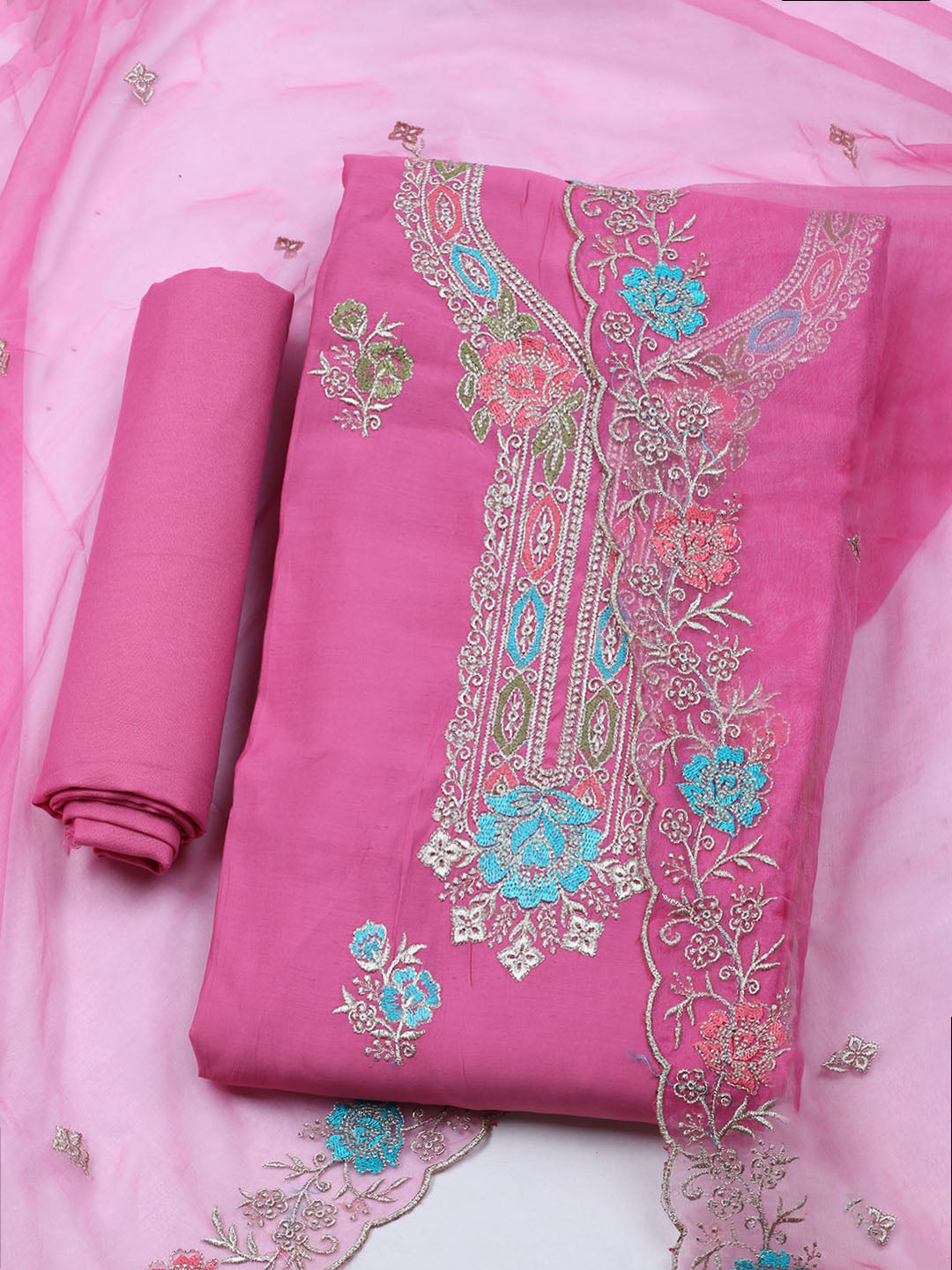Embroidered Chanderi Unstitched Suit With Dupatta