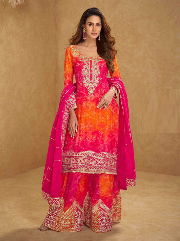 Embroidered Chinon Kurta With Plazzo &amp; Dupatta