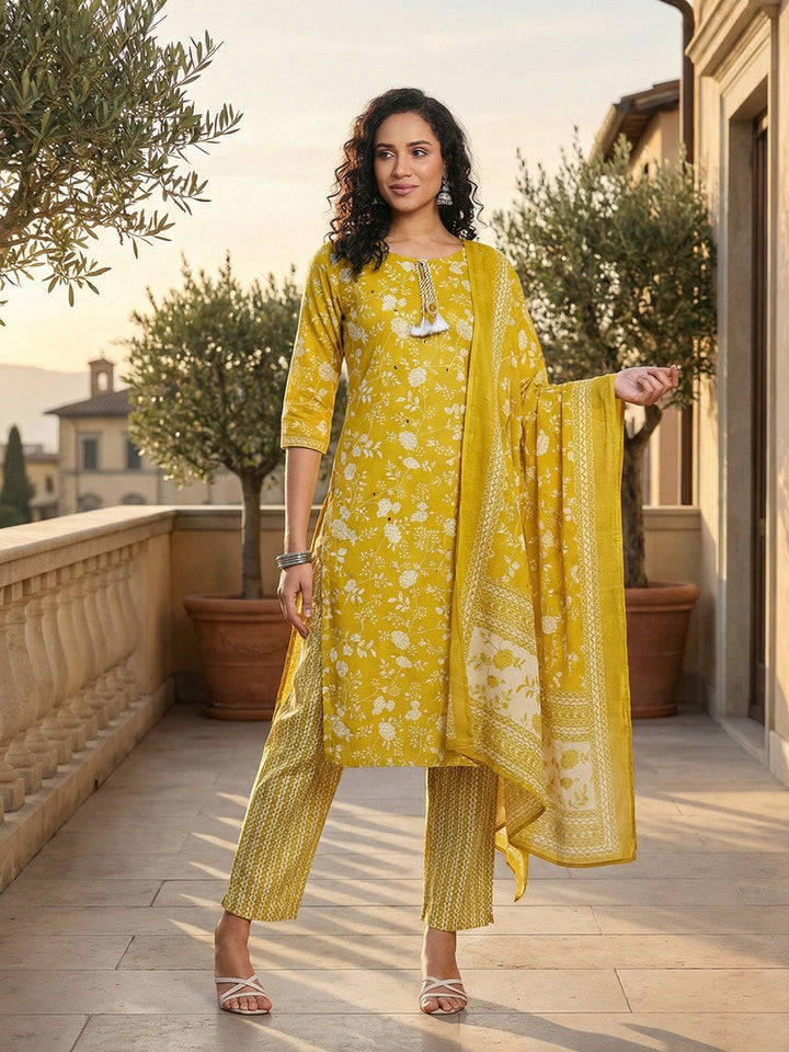 Printed Cotton Blend Kurta With Pant &amp; Dupatta