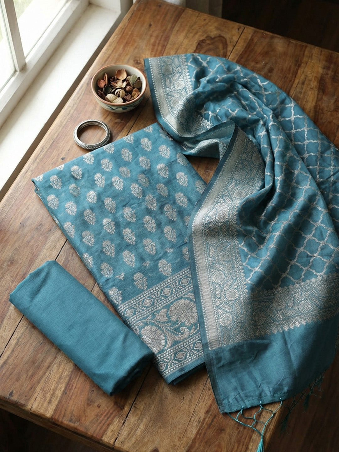 Banarasi Chanderi Unstitched Suit With Pant &amp; Dupatta