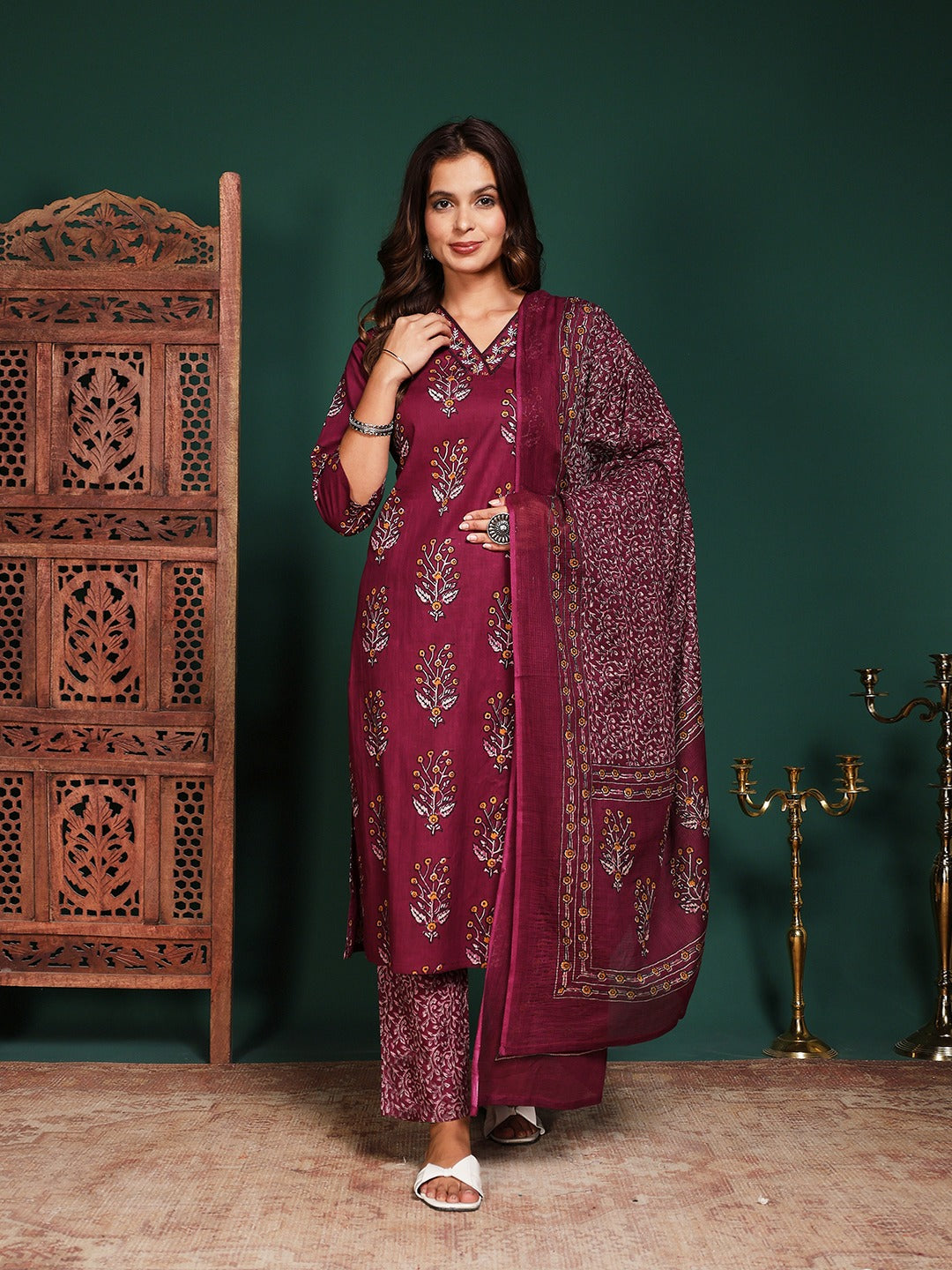 Floral Printed Cotton Blend Kurta With Pant &amp; Dupatta