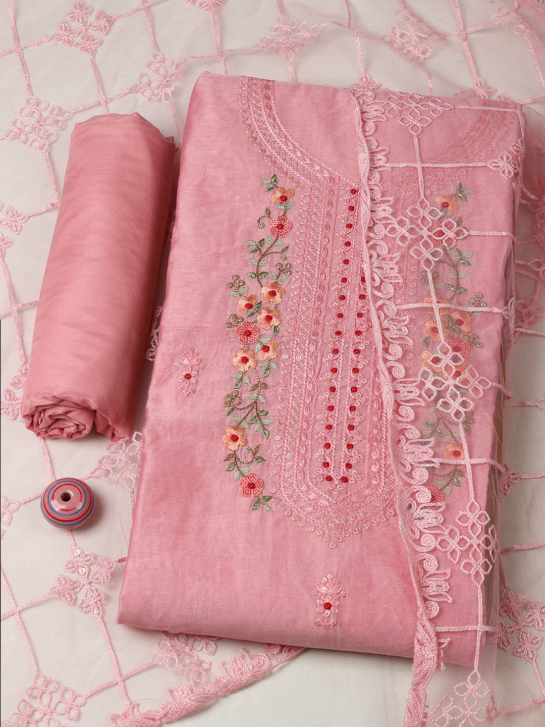 Embroidered Chanderi Unstitched Suit With Pant &amp; Dupatta