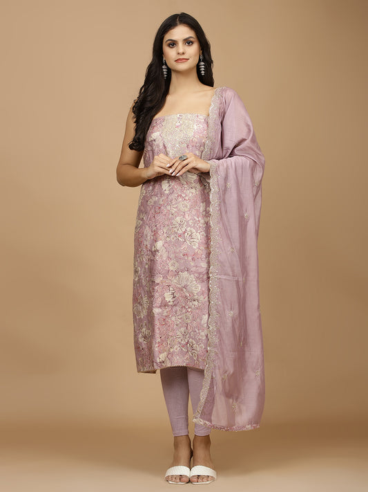 Neck Embroidery & Printed Cotton Unstitched Suit With Dupatta