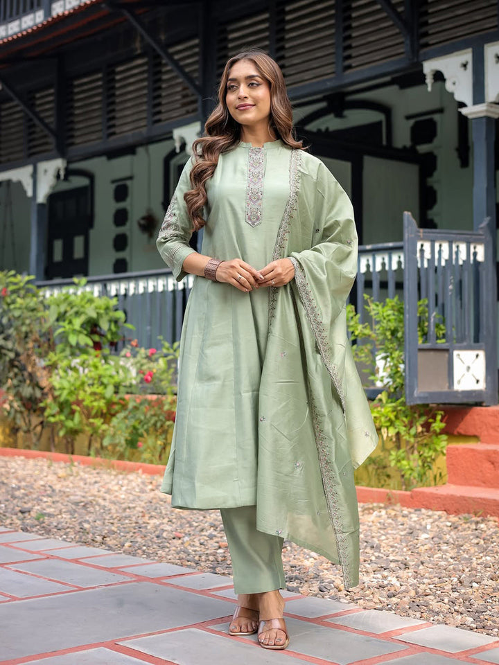 Embroidery Cotton Blend Kurta With Pants &amp; Dupatta