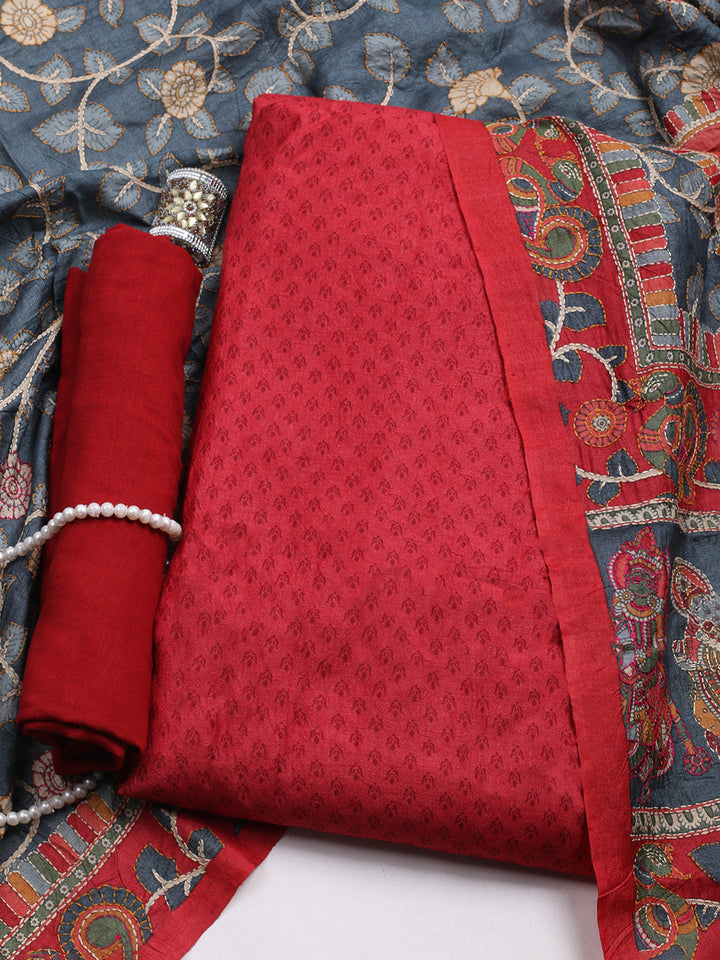 Printed Tussar Unstitched Kurta With Pant &amp; Dupatta