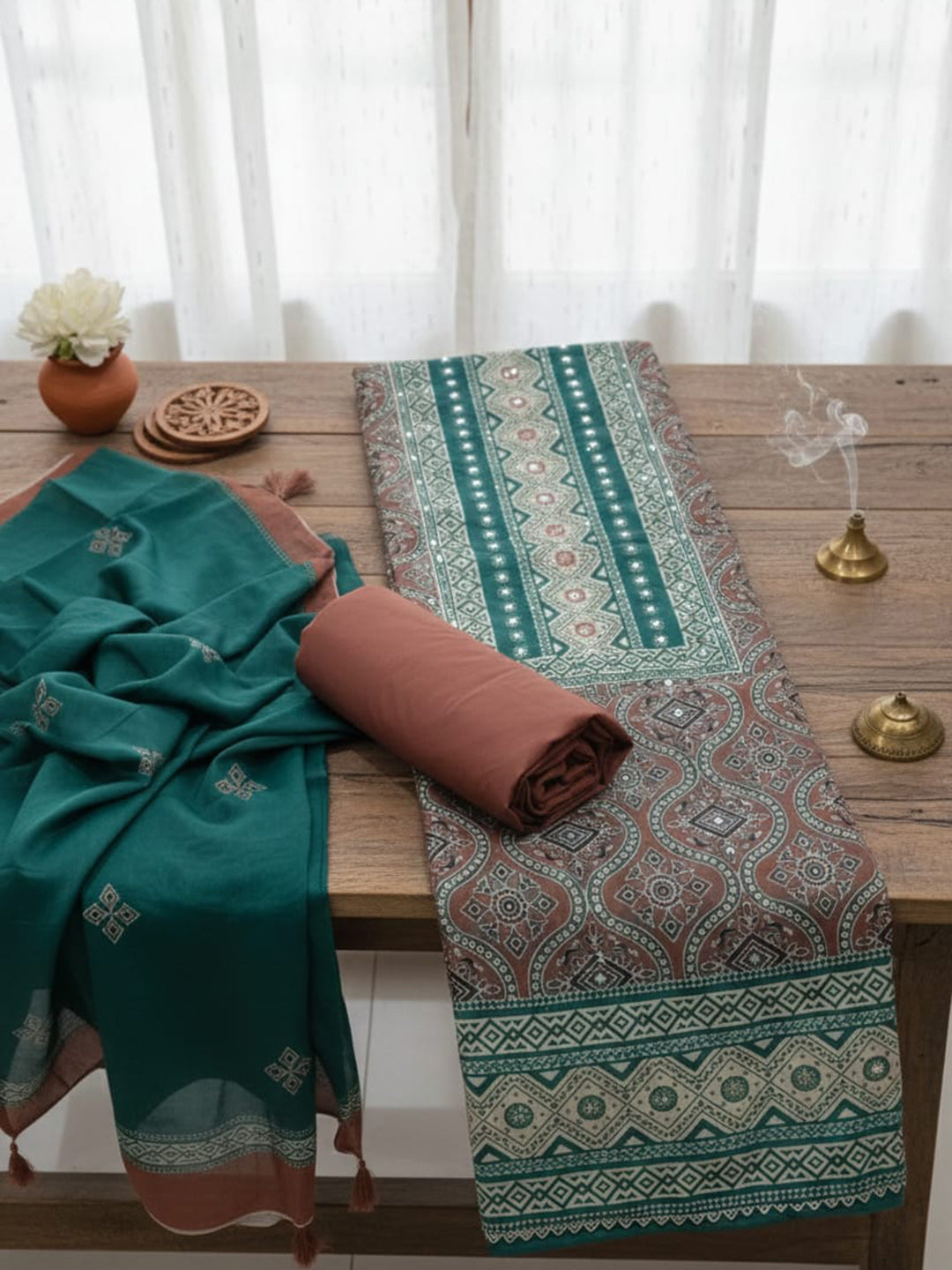 Printed Chanderi Unstitched Suit With Pant &amp; Dupatta