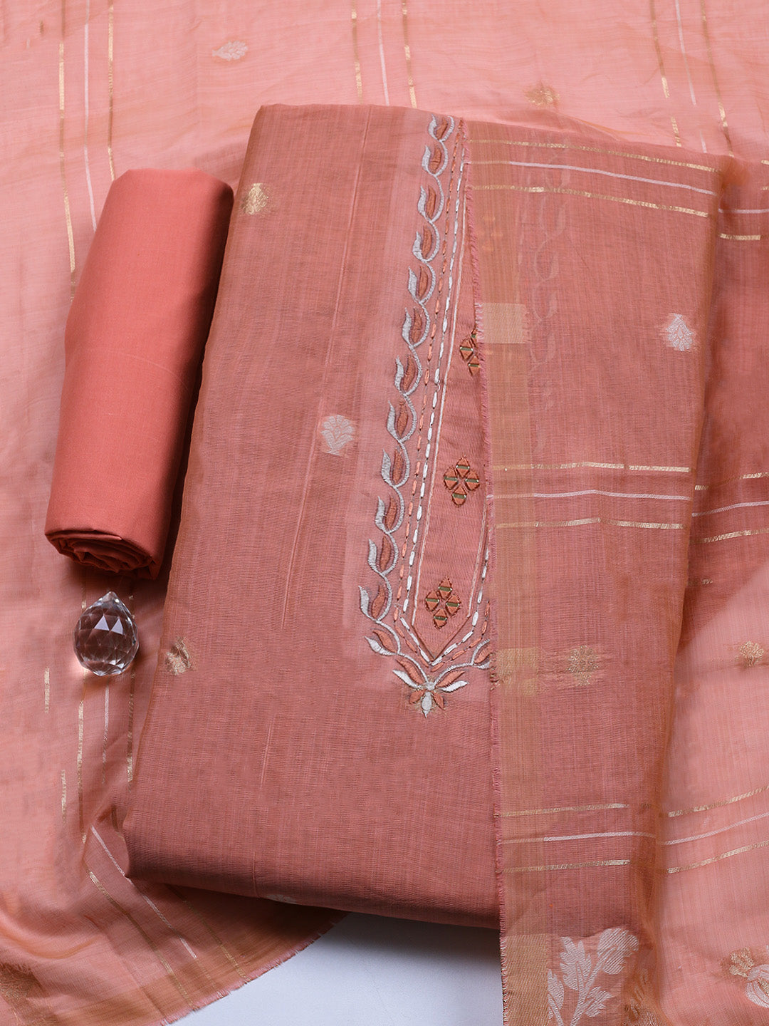Embroidered Chanderi Unstitched Suit With Pant &amp; Dupatta