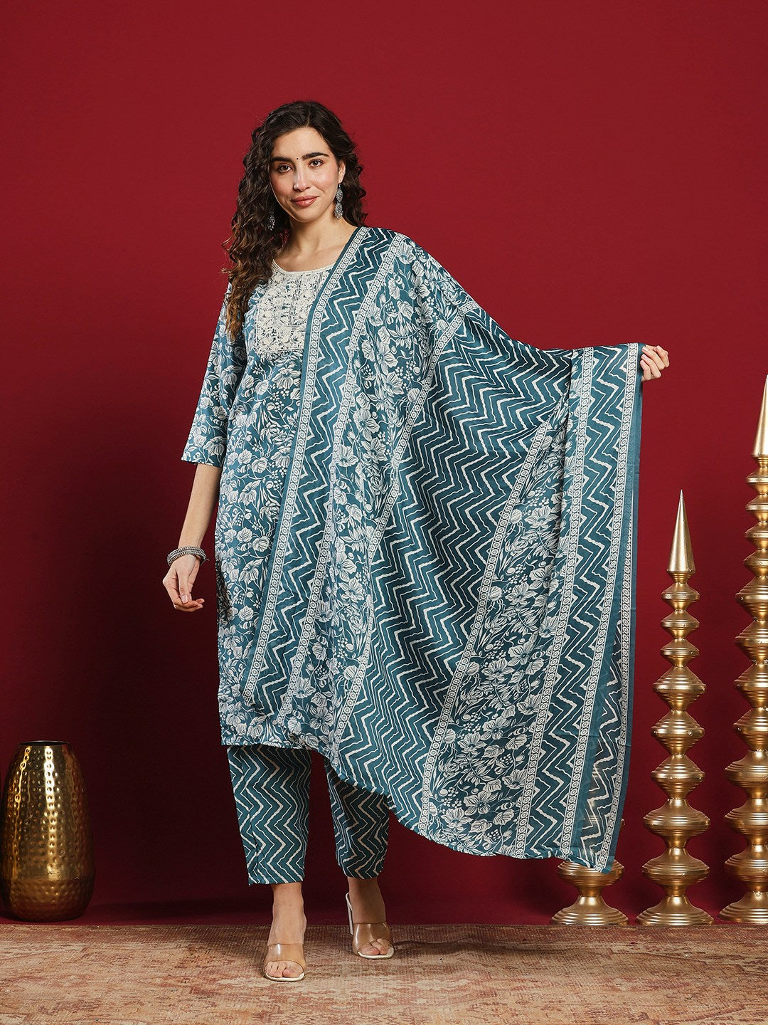Printed Cotton Kurta With Pant &amp; Dupatta