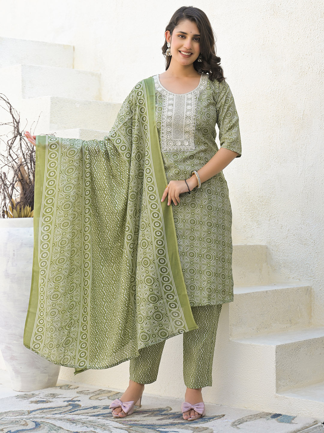 Floral Printed Cotton Kurta With Pants & Dupatta